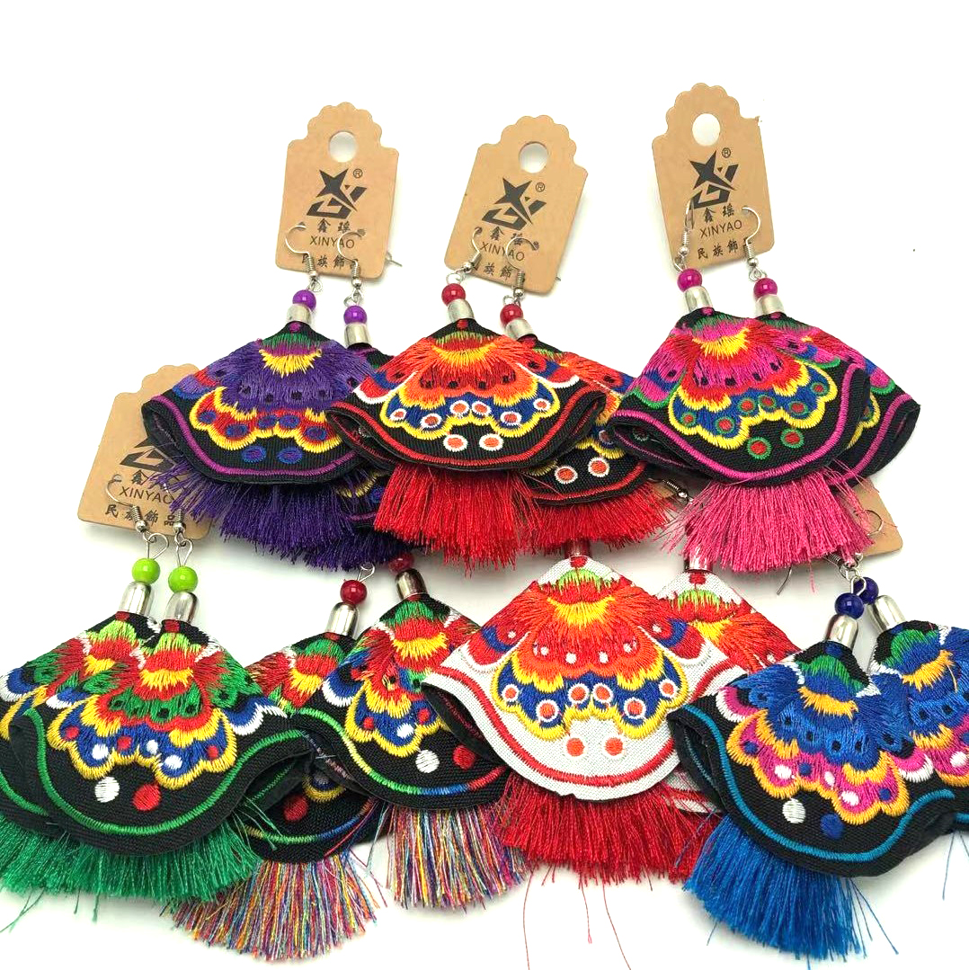 ER023 Ethnic Embroidered Tassel Earrings