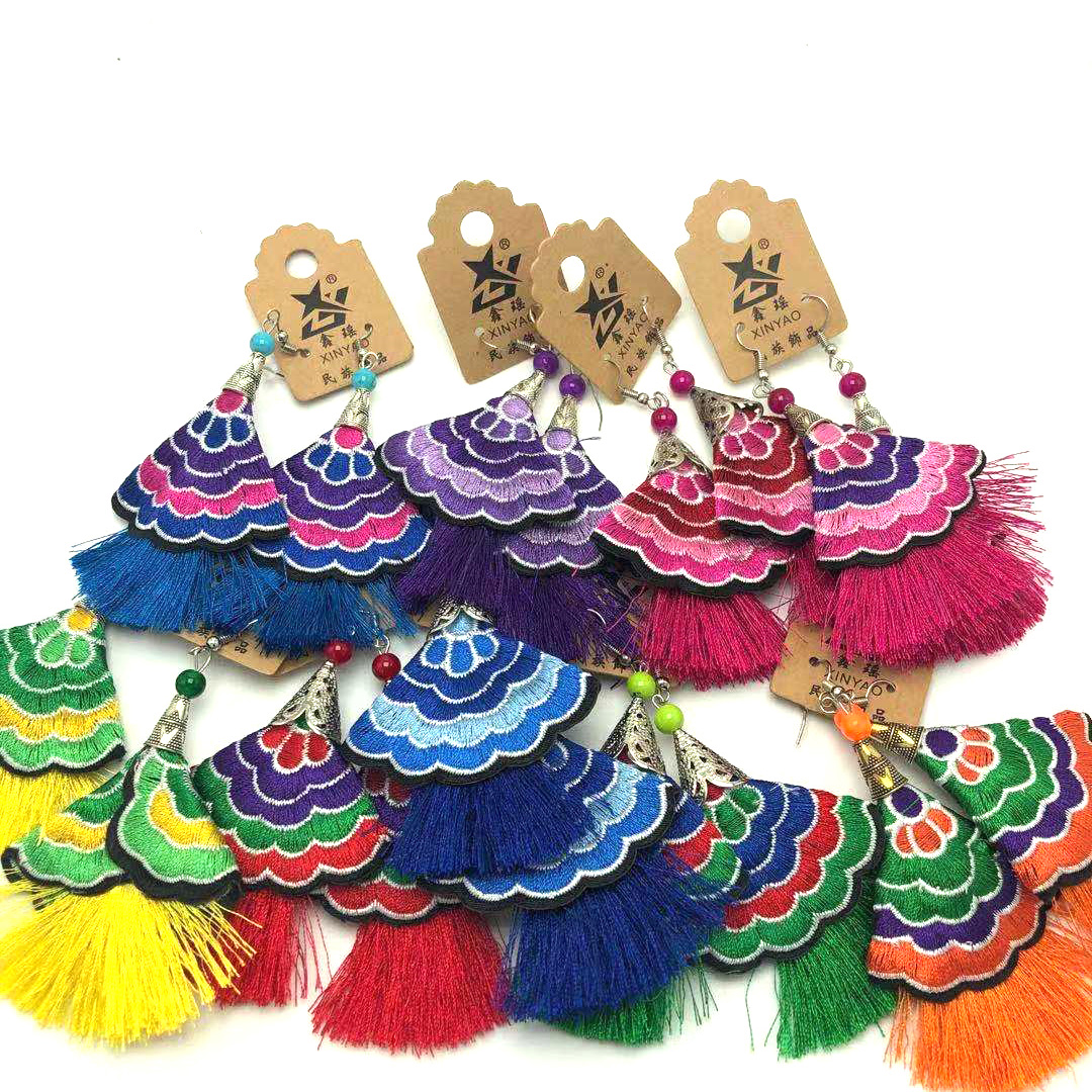 ER016 Ethnic Embroidered Tassel Earrings