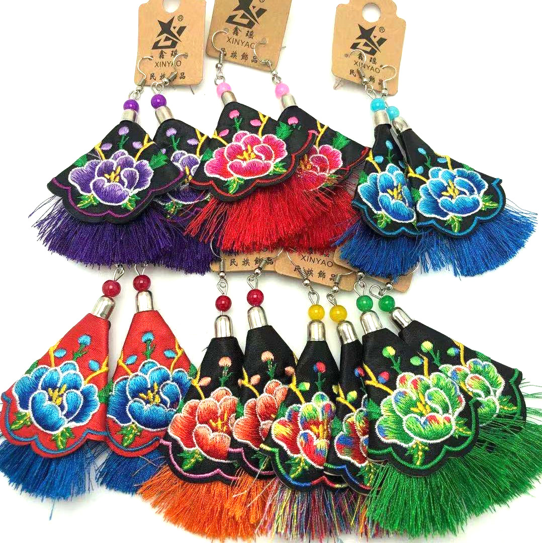 ER013 Ethnic Embroidered Tassel Earrings