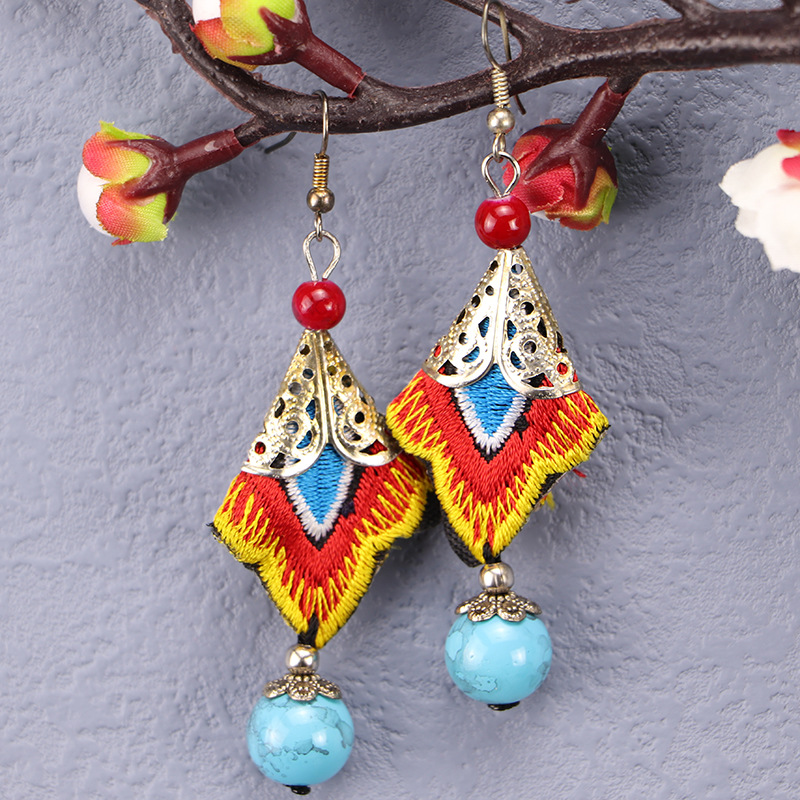 E122 Ethnic Embroidered Bead Earrings