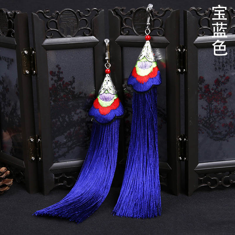 E118 Ethnic Embroidered Long Tassel Earrings