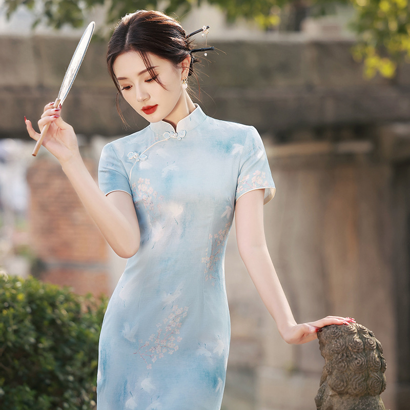 6879 Blue Classic Cheongsam Dress