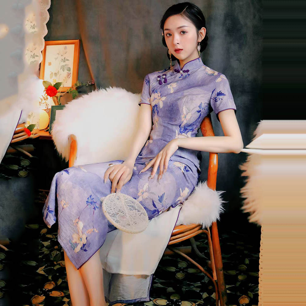585 tencel hemp cheongsam dress