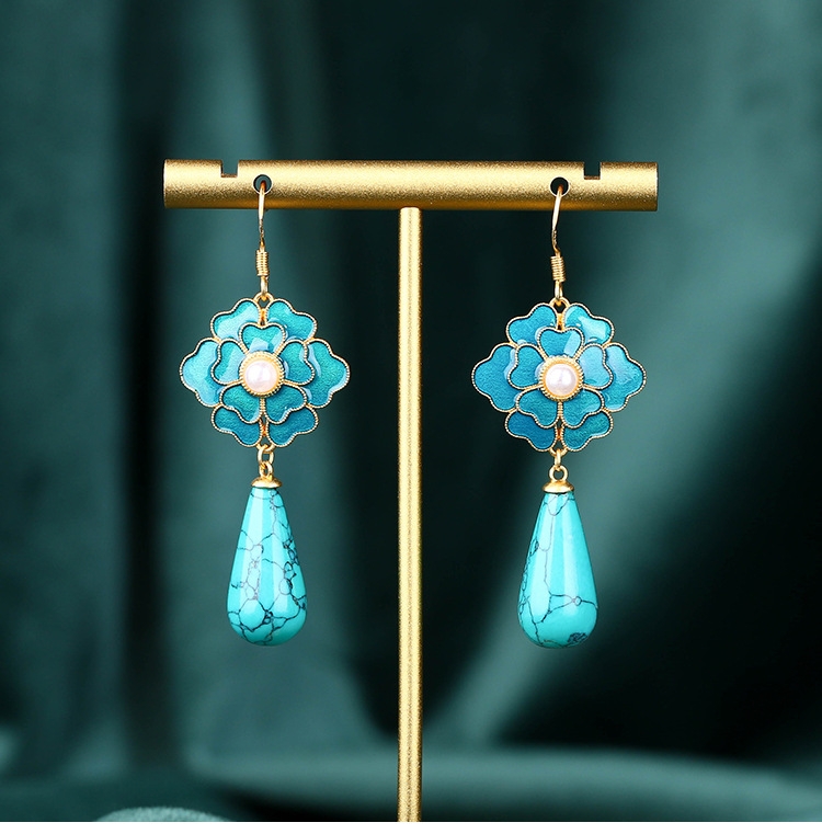 CP411 Cloisonne Camellia Pearl Earrings