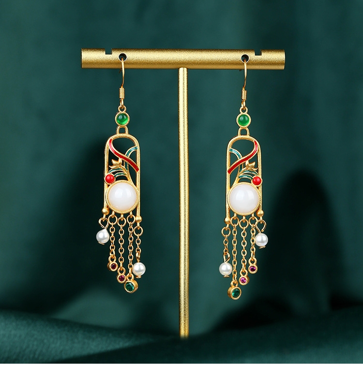 CP395 Hetian Jade Tassel Earrings