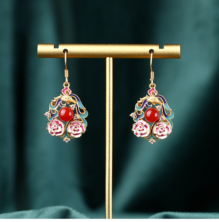 CP264 Peony Painted Enamel Jade Earrings