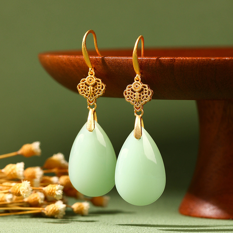 CP30 Hollow Water Drop Hetian Jade Earrings