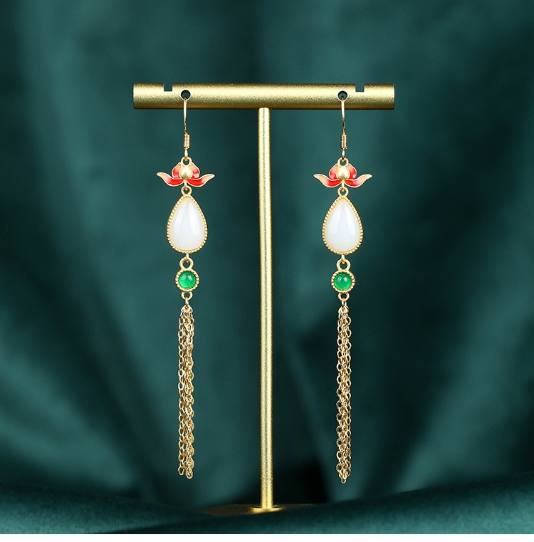 CP937 Long Tassel Jade Earrings