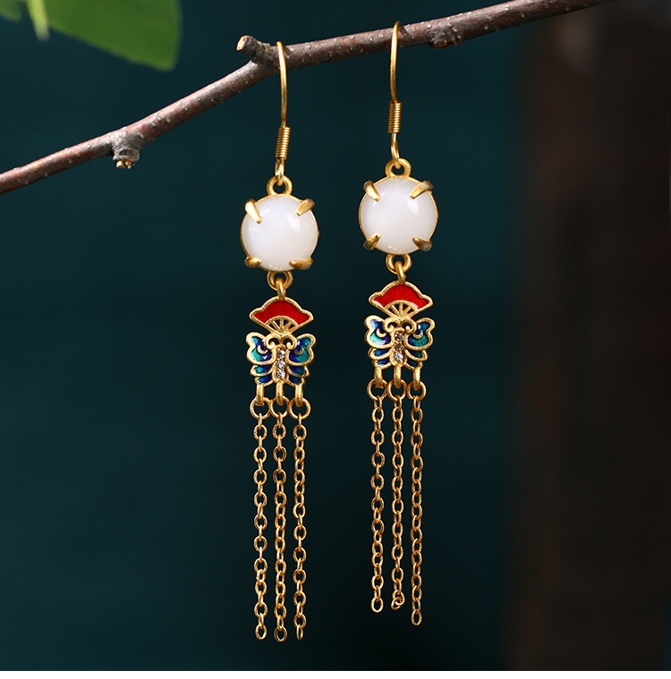 CP694 Long Tassel Jade Earrings