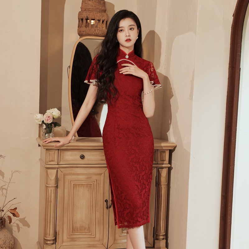 1043 New Classic Lace Red Cheongsam