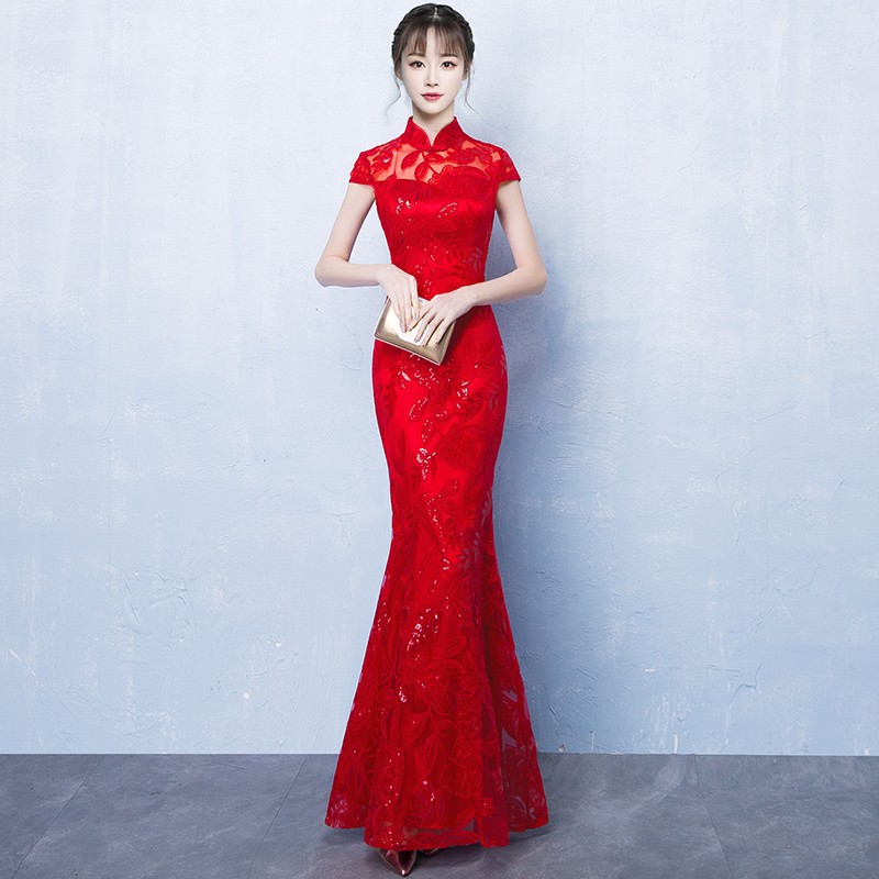 Q05 Red Lace Qipao Dress 