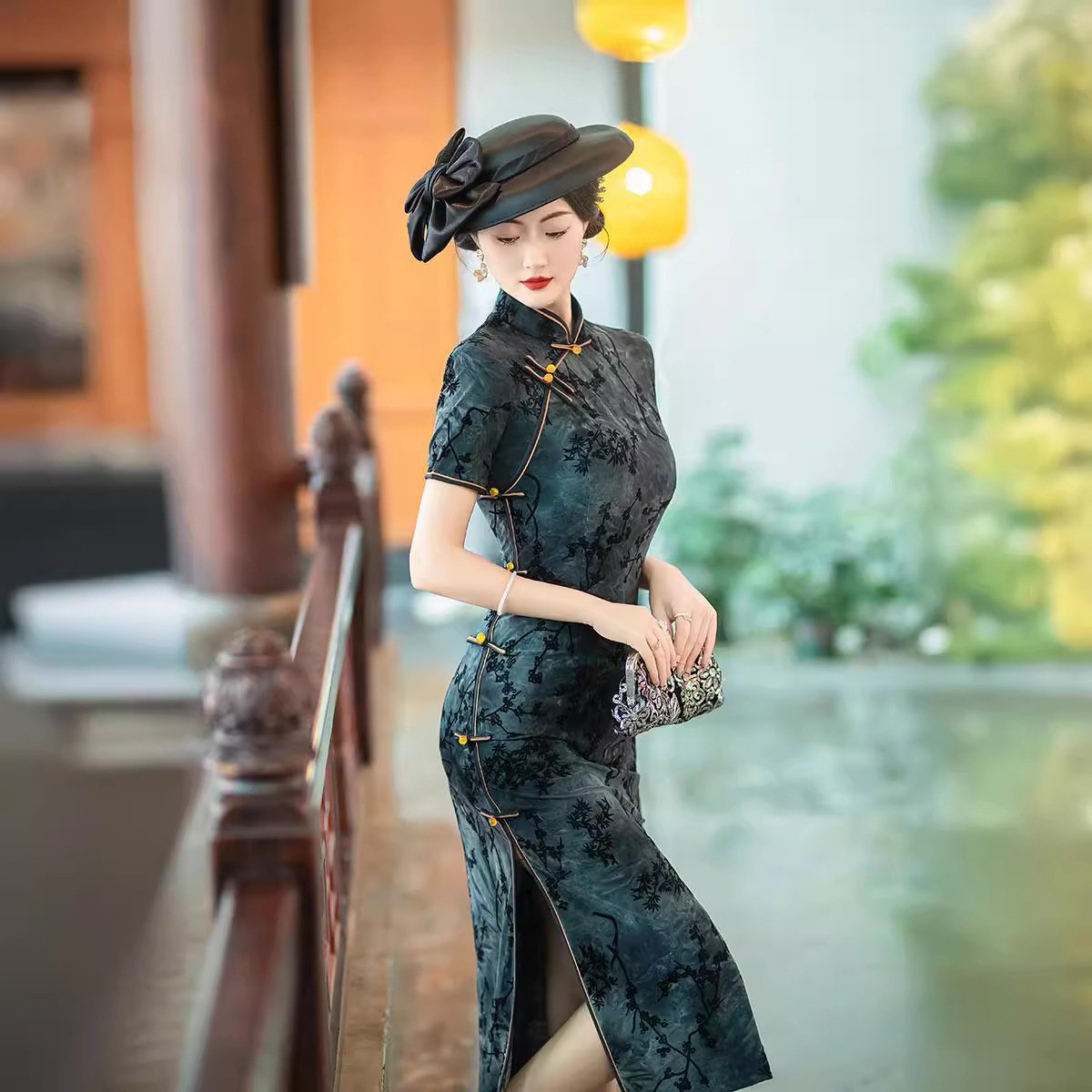 2424 Black Qipao Tie Dye Flocking Jacquard Single Cheongsam Dress