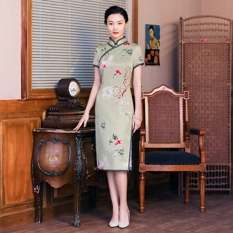 JYJ-011-01 Chinese Traditional Qipao Classic Silk Cheongsam Dress