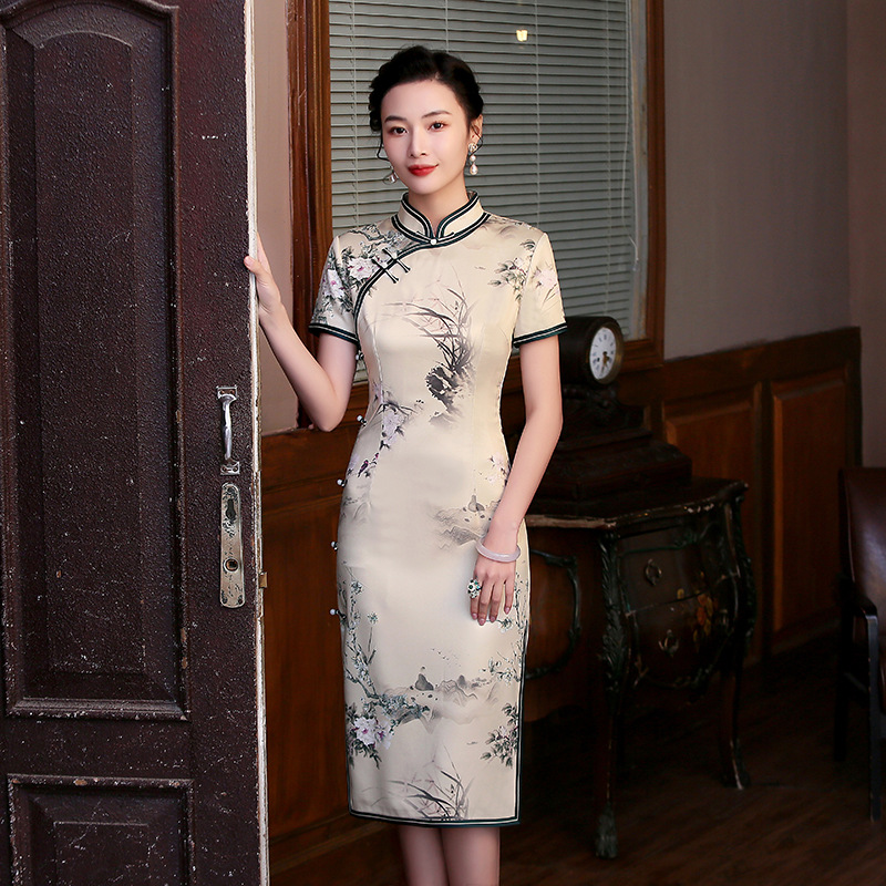 JYJ-012 Chinese Traditional Qipao Classic Silk Cheongsam Dress