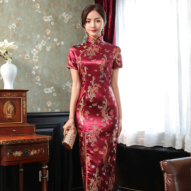 CQ816-3 Wine Red Satin Cheongsam Dress