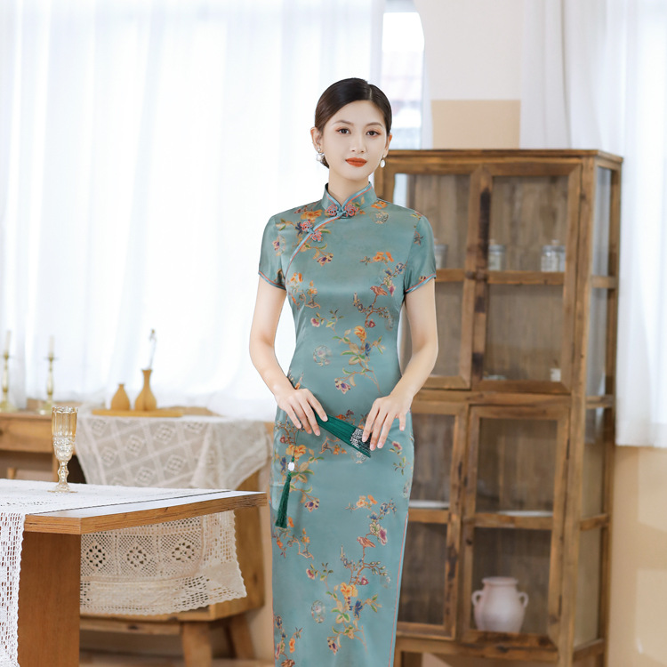 CQ6-8 Green Satin Cheongsam Dress