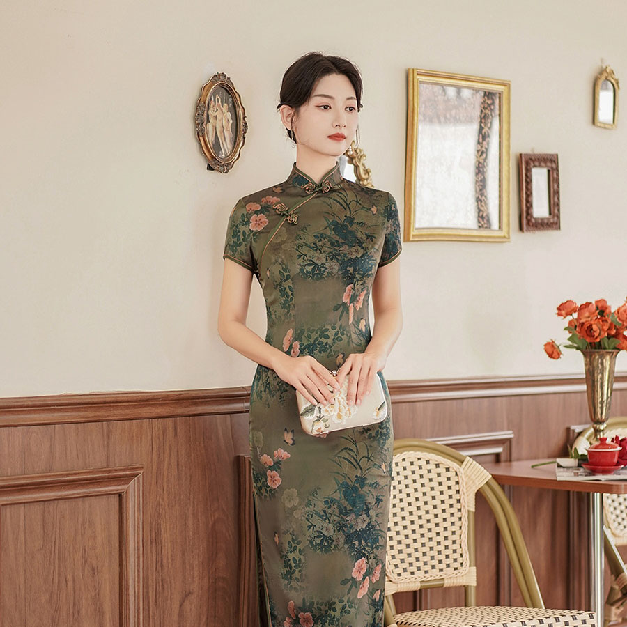 CQ11-3 Green Satin Cheongsam Dress