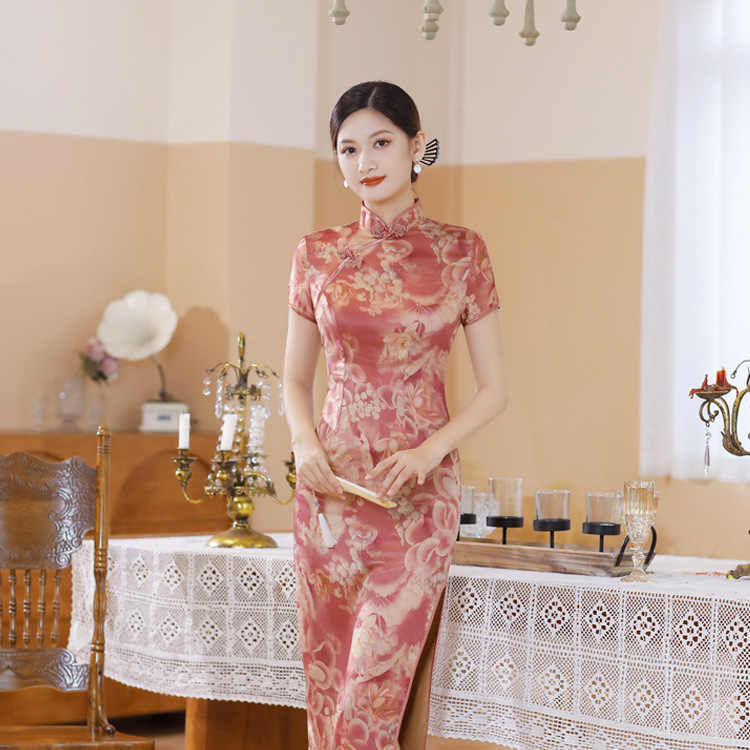 CQ6-6 Pink Satin Cheongsam Dress