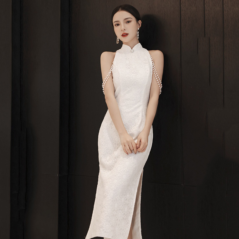 Q2025 white lace qipao evening party dress
