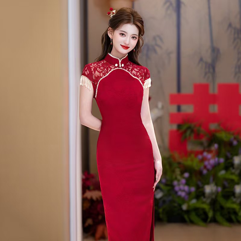 61077 red wedding qipao dress