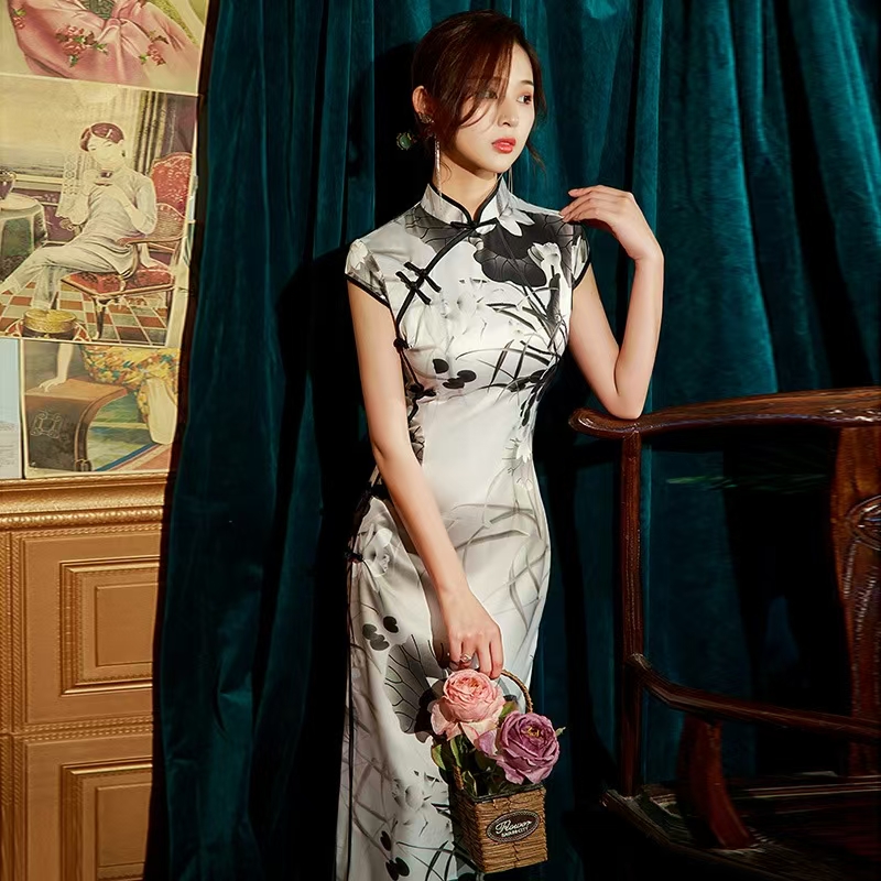 9373 qipao dress with lotus flower