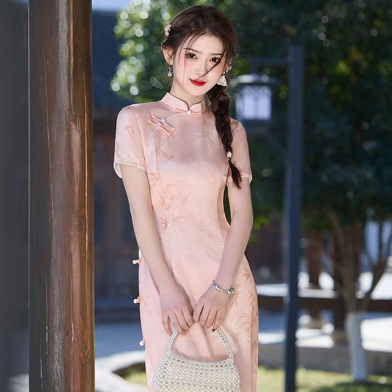7173 pink silk qipao dress with bamboo leaf pattern 