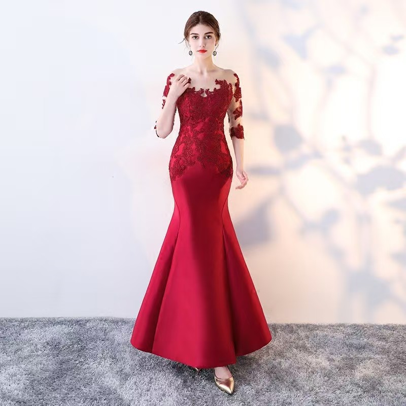 021809 Fish-tail long dress red wedding dress qipao cheongsam