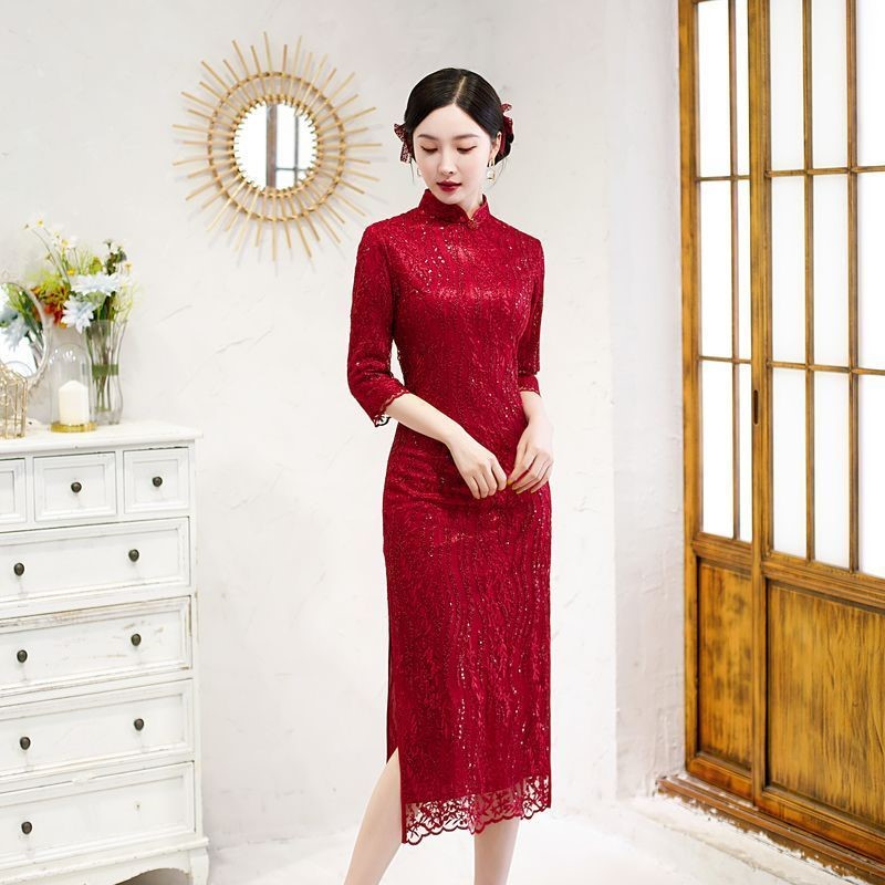 8043 Red Qipao Dress With Sequins